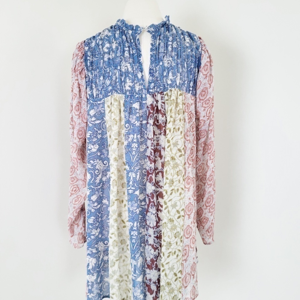Free People Merrie Mix Floral Print Smocked Chiffon Tunic Rouched Blouse Lilac - Picture 10 of 16